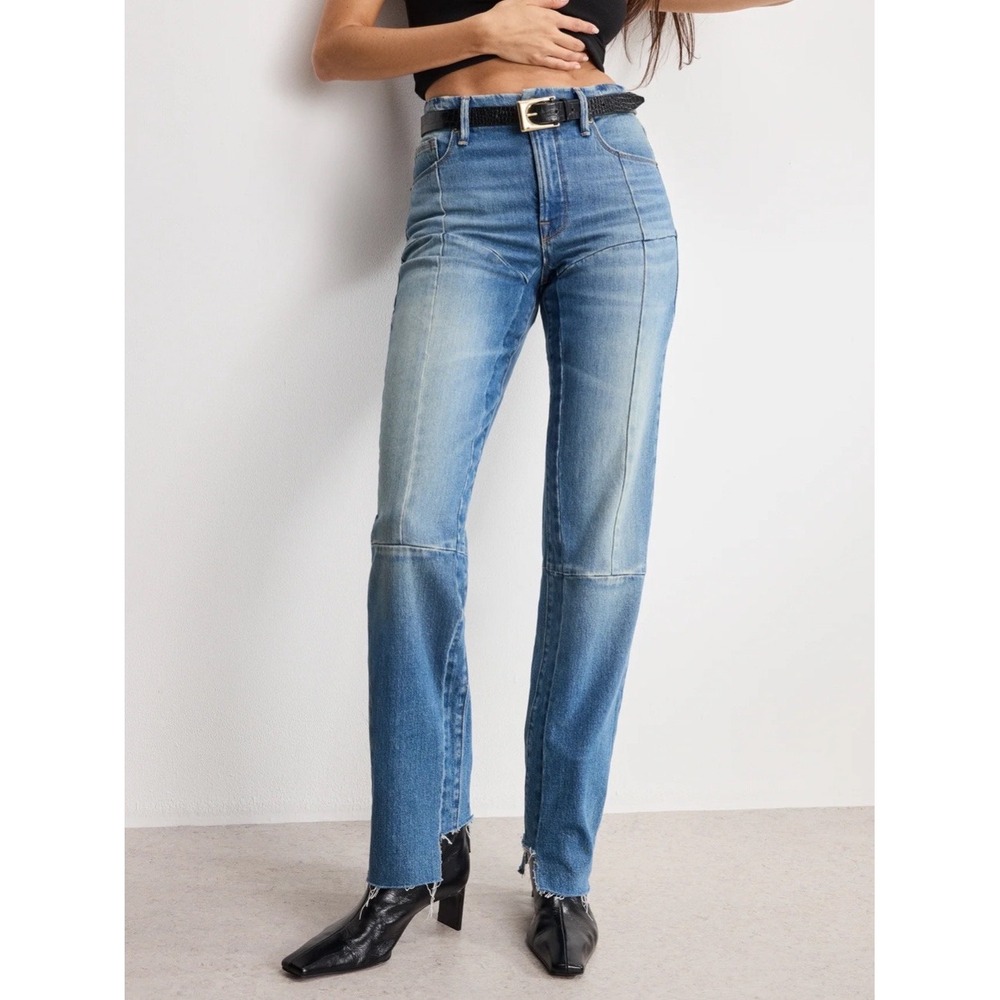 Good American Good Icon Straight Jeans 6 28 High Rise Seamed Raw Hem Distressed